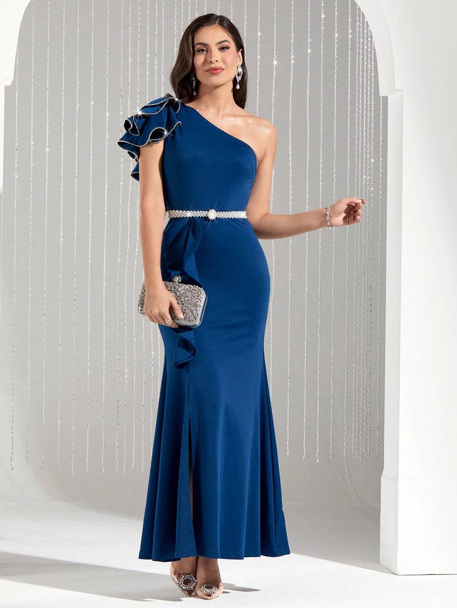 Modelyn 女士單肩鱗魚裙,鑽石裝飾,多層荷葉邊設計