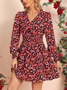 SHEIN Clasi Women's Full Printed Heart Design Waist Cinching A-Line Dress - Multicolor - View 4