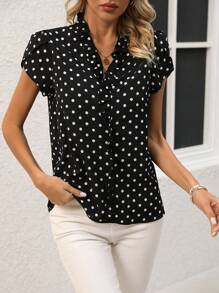 EMERY ROSE 女士波點襯衫,帶褶邊修飾 - 黑與白 - 查看 3
