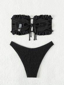 SHEIN Swim 夏季女士镂空设计挂脖比基尼套装音乐节 - 黑色 - 查看 6