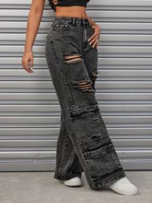 SHEIN ICON Đau khổ Cargo Phong cách quần ống rộng Quần jean - Xám - Xem 4