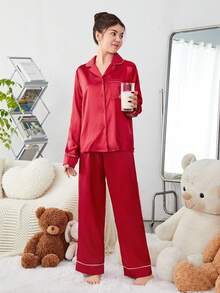 SHEIN Teenage Girls' Simulated Silk Contrast Trim Shirt And Pants Homewear Set - Burgundy - View 3