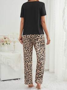 SHEIN Slogan Pattern Short Sleeve T-Shirt And Leopard Print Pants Pajama Set - Multicolor - View 2