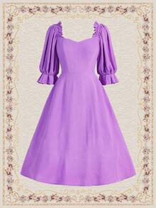 SHEIN DECDS Vestido Con Cuello En Forma De Corazón Con Mangas Con Volantes, Vestido Morado Ropa De Verano - Morado - Ver 3