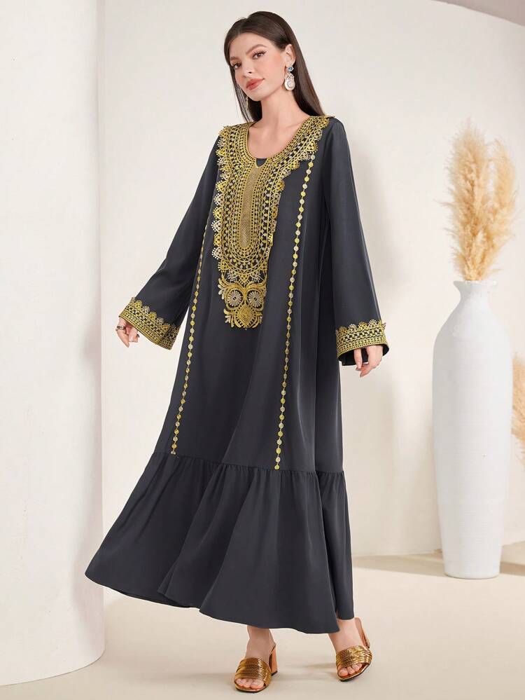 Women's Colorblock Embroidered Patchwork Long Sleeve Dress, Elegant Evening Party Dress