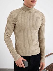 SHEIN Cottnline Men Turtleneck Ribbed Knit Sweater - Apricot - View 3