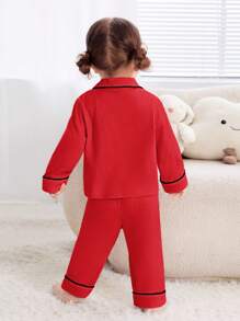 SHEIN 嬰兒女寶寶休閒拼色翻領襯衫和長褲家居套裝 - 紅色 - 查看 2