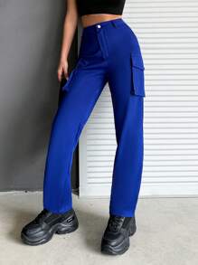 SHEIN Cottnline Women's Straight-Leg Workwear Pants With Double Pockets - Navy Blue - View 5