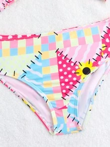 Conjunto De Biquíni Com Estampa Xadrez E Alças No Pescoço Para Jovens Meninas