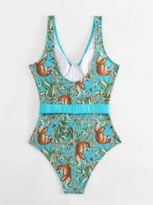 Swim Lushoire 女士动物与植物印花露背连体泳衣（配有可拆卸腰带）夏季 - 彩色 - 查看 4