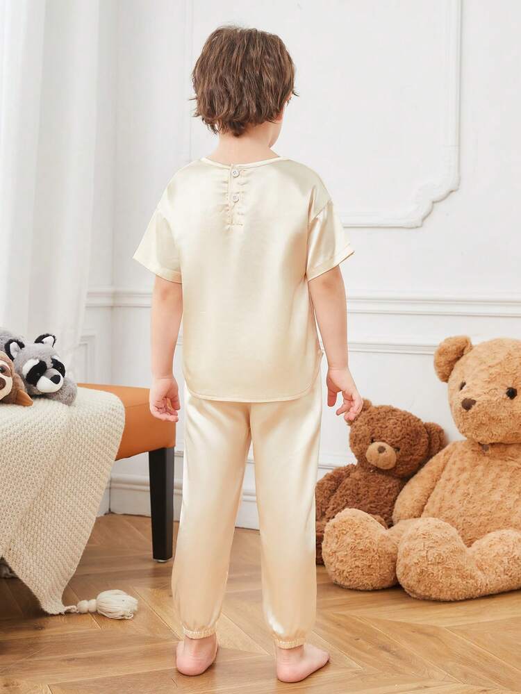 Toddler Boys' Solid Color Satin Short Sleeve Top And Pants Pajama Set