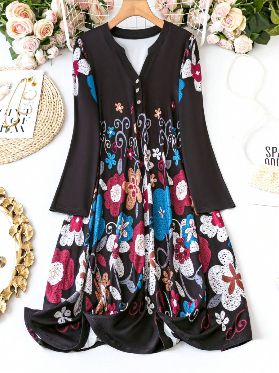 EMERY ROSE 大尺碼女性花卉印花長袖連衣裙