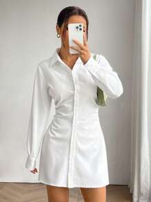 SHEIN EZwear Của phụ nữ Màu thuần Tay áo dài Váy sơ mi - trắng - Xem 6