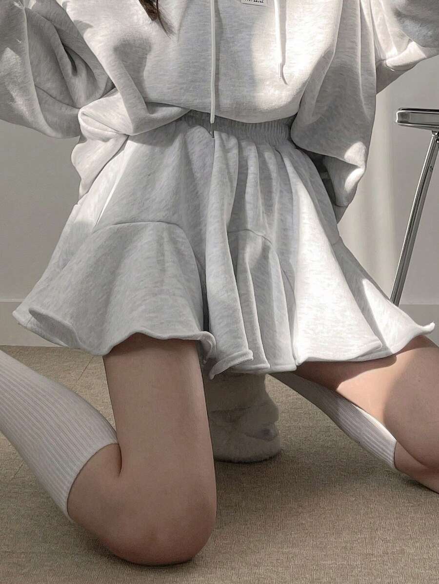 DAZY 弹性腰部休闲羊毛喇叭裙，返校服装 - 灰色 - 查看 1