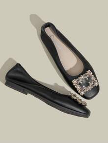 Women's Flat Slip-On Shoes With Rhinestone Square Buckle, Soft Soles And Low Vamp - Black - View 4