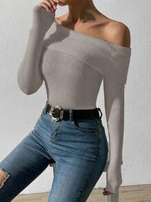 SHEIN Unity Off Shoulder Gợi cảm Linh hoạt Áo len - Xám - Xem 6