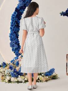 SHEIN Tween Girls' Patchwork Lace Trim Ribbon Puff Sleeve V-Neck Dress - Multicolor - View 2