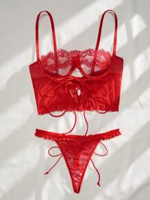 SHEIN Ladies' Sexy Lace Lingerie Set With Front Knot