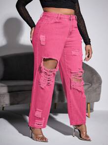 SHEIN 大尺碼女款無彈性直筒牛仔褲,搭配仿舊細節 - 粉色 - 查看 5