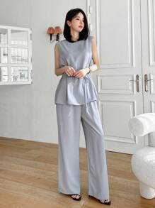 DAZY Bộ 2 món/Bộ đồ công sở màu trơn đơn giản cho nữ không tay và quần - Màu xanh lam - Xem 6