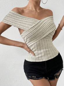 SHEIN Essnce Drop Shoulder Cross Wrap Ribbed Knit T-Shirt - Khaki - View 7