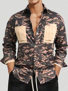 Manfinity Homme Men'S Camouflage Print Long Sleeve Shacket - Brown - View 1