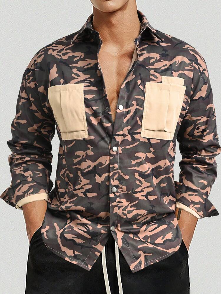 Men'S Camouflage Print Long Sleeve Shacket