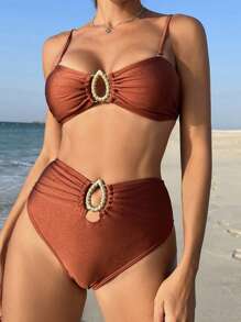 SHEIN Swim Bộ đồ bơi bikini màu trơn dành cho nữ đi biển mùa hè với bộ đồ tắm có chi tiết xếp nếp - màu nâu - Xem 4