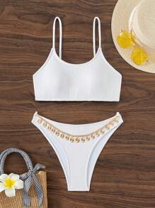 SHEIN Swim Ladies' Plain Bikini Set (Accessories Random) Music Festival Summer Beach - White - View 2