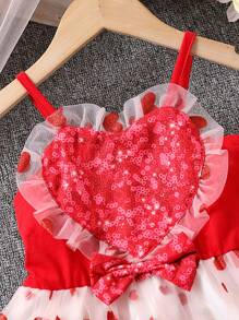 SHEIN Young Girl Heart Printed Mesh Spaghetti Strap Dress