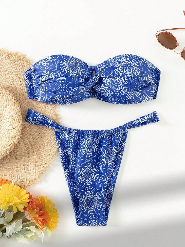 Summer Random Printed Bandeau Bra With Triangle Briefs Bikini Swimwear Set Music Festival