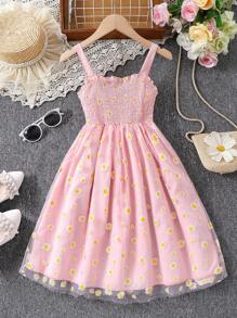 SHEIN 少女的雛菊印花荷葉邊細肩帶連衣裙 - 粉色 - 查看 1