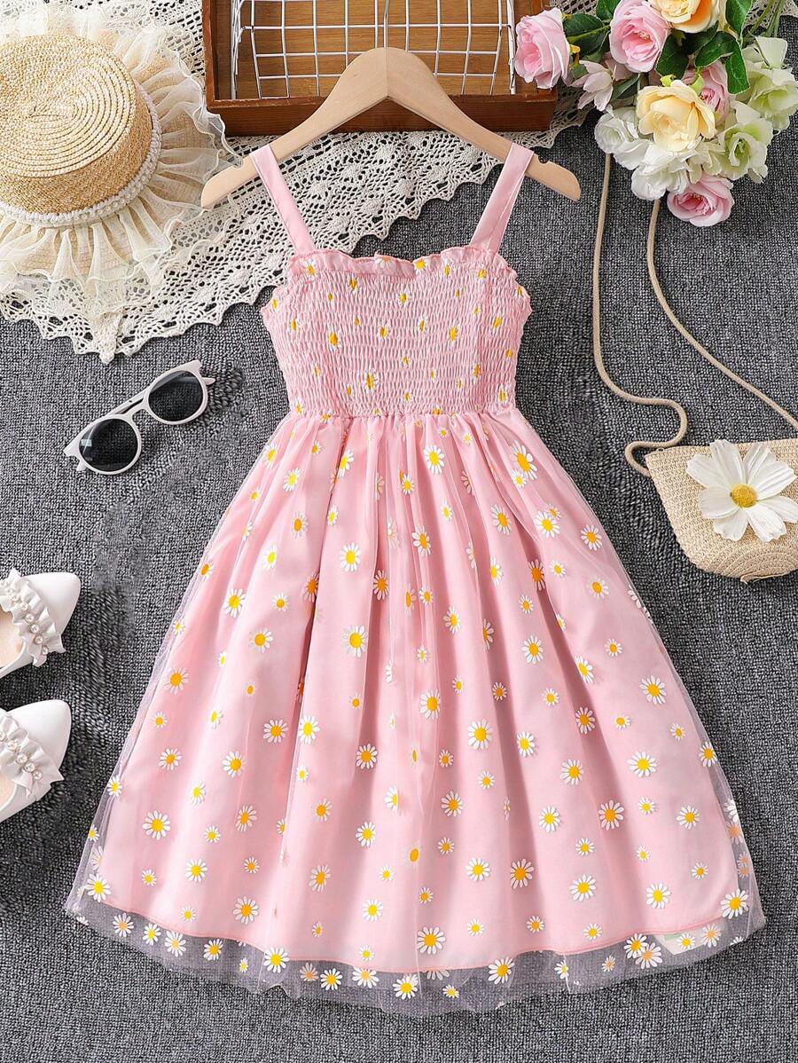SHEIN 少女的雛菊印花荷葉邊細肩帶連衣裙 - 粉色 - 查看 1