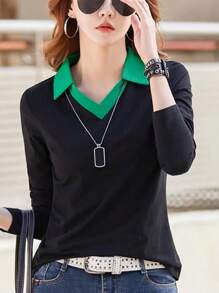 SHEIN LUNE Women's Color Block Contrast Collar Long Sleeve T-Shirt Graphic Tees Women Tops For Spring Outfit - Black - View 1