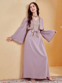 SHEIN Leap Crew Thiếu niên Cô gái Dệt Vá lại Ren & Tua trang trí Váy 2 trong 1 - Màu tím - Xem 5