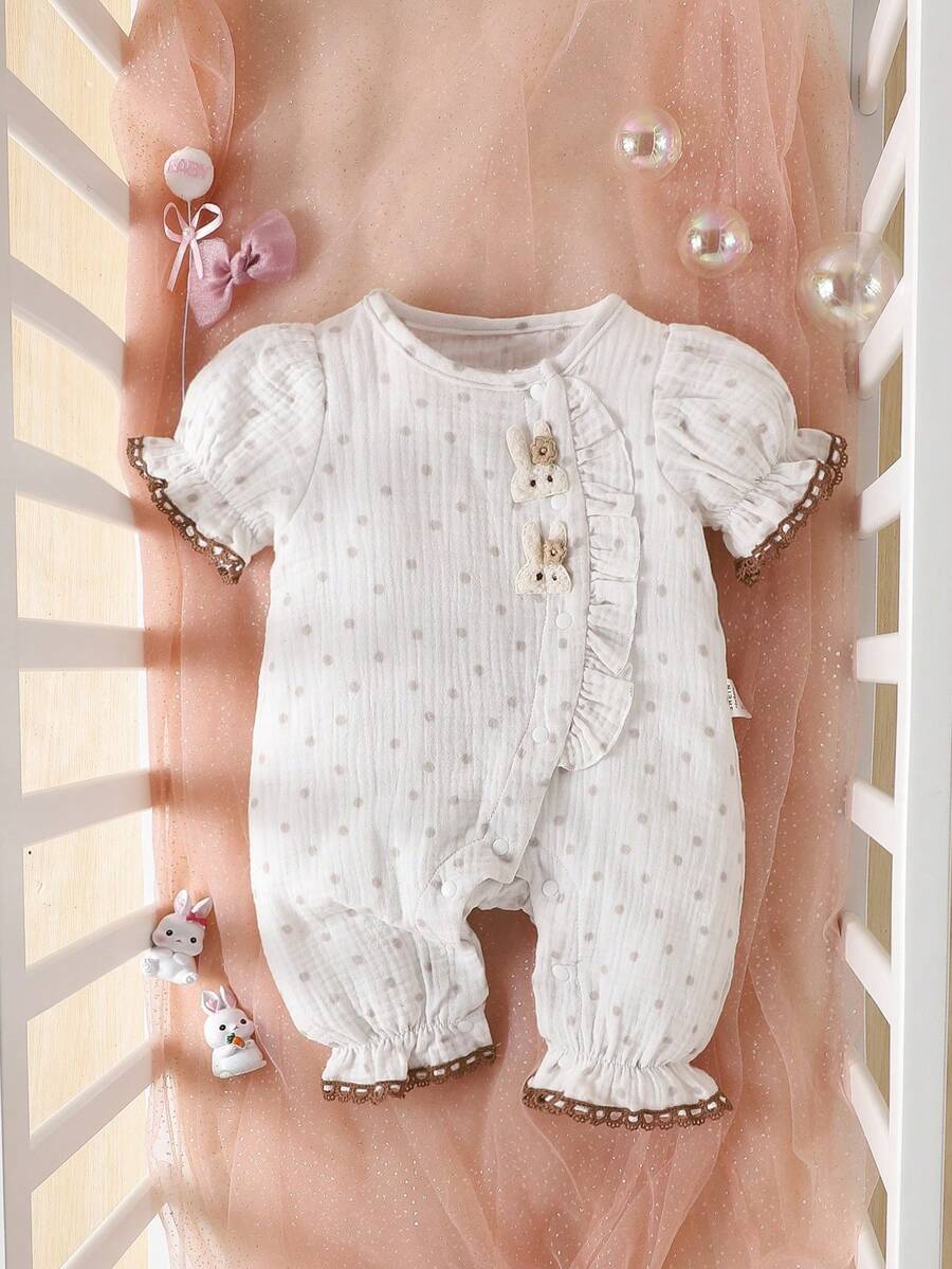 SHEIN Newborn Summer Jumpsuit For Baby Girls, Simple And Breathable - Beige - View 1