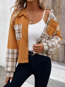 SHEIN LUNE Women's Lapel Collar Splice Jacket - Brown - View 5