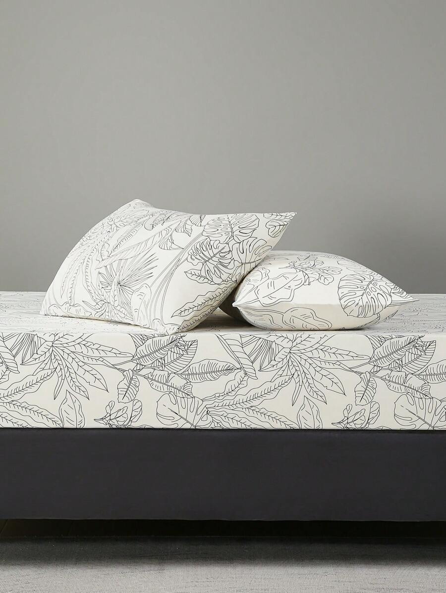 2/3pcs Fitted Sheet Sets, 90g Polyester Brushed Fabric, Plant & Flower Pattern, Includes 1 Fitted Sheet And 2 Pillowcases - White - View 1