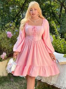 Sunnyshic 大尺碼純色十字肩帶方領荷葉邊連衣裙 - 粉色 - 查看 4