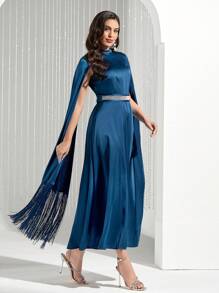 Modelyn Vestido De Satén Con Mangas Tipo Capa Y Flecos, Estilo Árabe Para Mujer - Azul - Ver 3