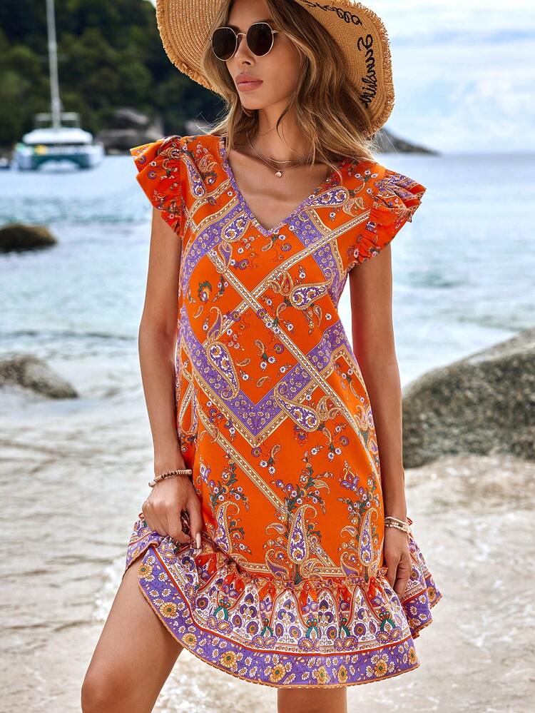 Vacation Style Mini Paisley Printed Women's Dress, Summer Beach Dress