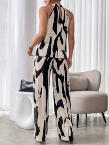 SHEIN Holidaya 女士印花百褶無袖上衣和褲子套裝 - 黑與白 - 查看 2