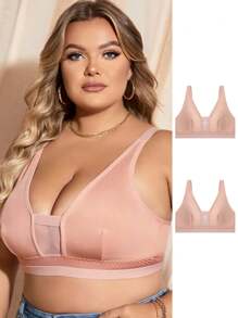 Plus Size Casual Apricot Mesh Insert Medium Stretch Bra - Apricot - View 1