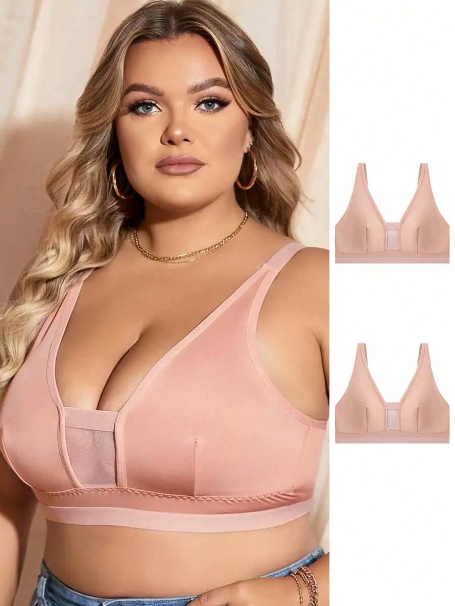 Plus Size Casual Apricot Mesh Insert Medium Stretch Bra - Apricot - View 1