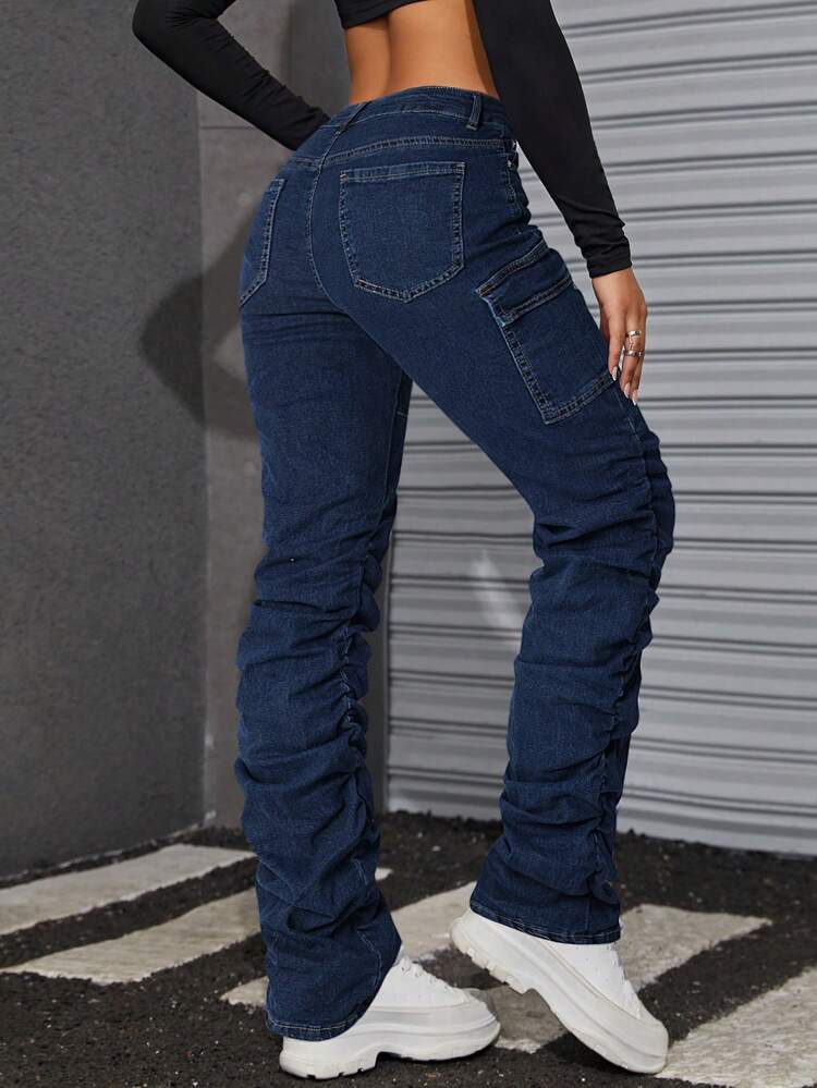 Low-waist Pleated Cargo Denim Jeans