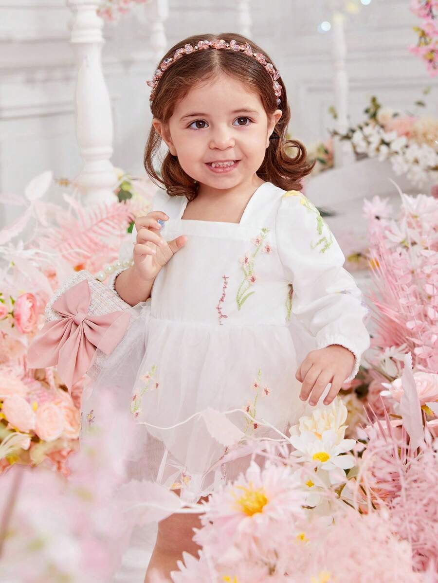 Baby Girl Elegant White Floral Mesh Bodysuit For Spring/Summer - White - View 1