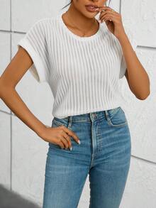 SHEIN Essnce Của phụ nữ Mùa hè giản dị tay cánh Textured Trắng Áo thun - trắng - Xem 6