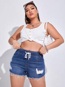 SHEIN EZwear Kích thước lớn Quần short Denim Với dây rút Eo , Chi tiết đau khổ Và Frayed Hem - Màu xanh lam - Xem 3