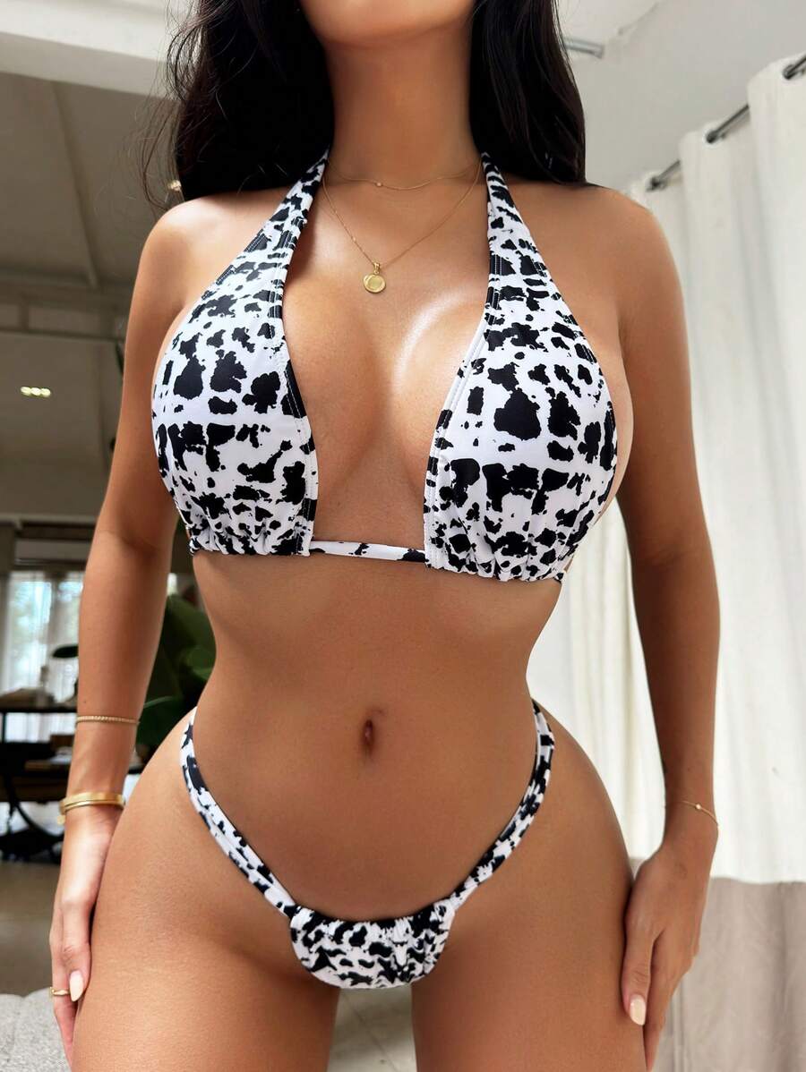 Swim SXY 女士牛印花領口分割泳裝套裝,音樂節必備 - 黑與白 - 查看 1