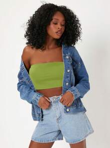 SHEIN BASICS Top Corto De 2 Piezas Y Blusa Sin Tirantes Para Mujer - Verde Lima - Ver 4